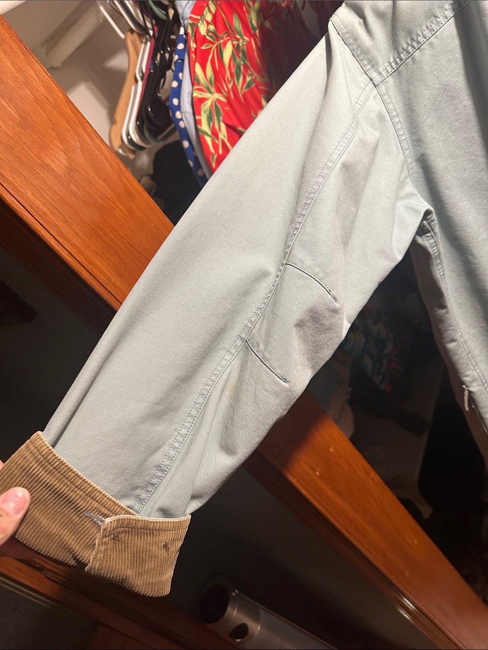 L.L. Bean Women's Sage Green Utility Barn Coat with Brown Corduroy Collar - Picture 6 of 7